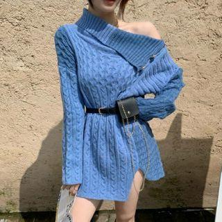 Cable-knit One-shoulder Sweater / Pocket Detail Belt
