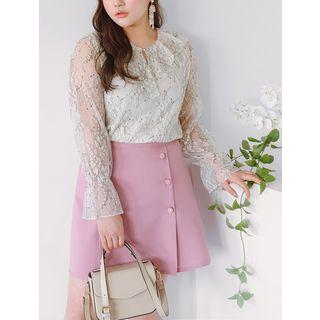 Plus Size Jewel-button Embroidery Lace Blouse