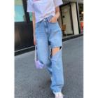Ripped Washed Semi Wide Jeans Light Blue - One Size