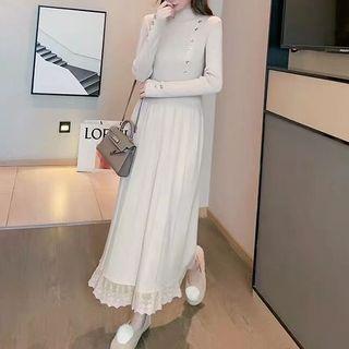 Lace Trim Long-sleeve Midi Knit A-line Dress