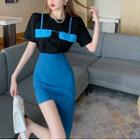 Short-sleeve Two-tone T-shirt / Irregular Slim-fit Skirt