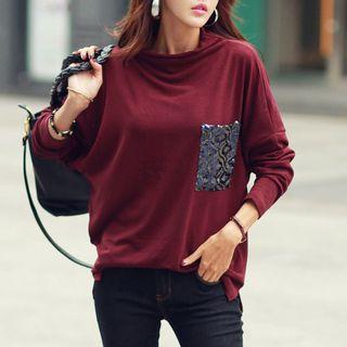 Long-sleeve Sequined Pocket T-shirt