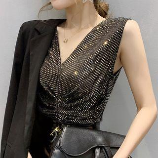 Rhinestone V-neck Sleeveless Top