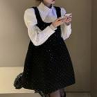 Lantern-sleeve Blouse / Glitter Mini Overall Dress