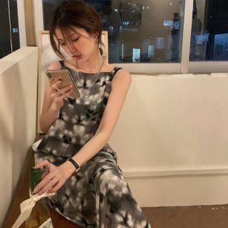 Spaghetti Strap Print Dress Black & White - One Size