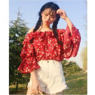 Floral Print Tiered Bell-sleeve Chiffon Top