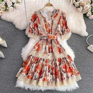 Puff Sleeve Lace Trim Print A-line Dress