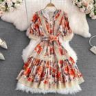 Puff Sleeve Lace Trim Print A-line Dress