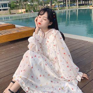 Set: Printed Long-sleeve Midi Dress + Slipdress As Shown In Figure - One Size