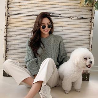 Alpaca Blend Cable Sweater Mint Green - One Size