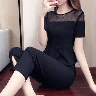 Set: Mesh Panel Short-sleeve Blouse + Slit-front Cropped Pants
