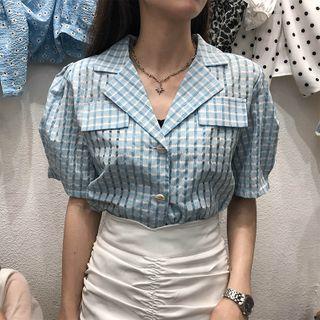 Cropped Notch Lapel Puff Short-sleeve Plaid Top