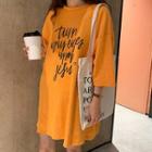 3/4-sleeve Lettering T-shirt Tangerine - One Size