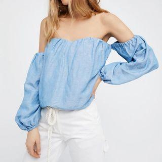 Off-shoulder Long-sleeved Plain Top