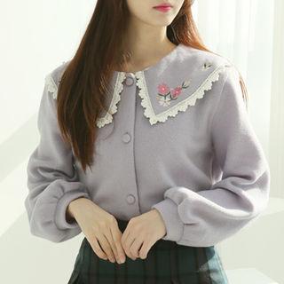 Puritan-collar Flower Embroidery Cardigan