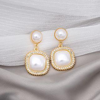 Rhinestone Faux Pearl Drop Earring E1088-2 - 1 Pair - Gold & White - One Size