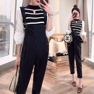Set: Striped Panel Lantern-sleeve Blouse + Cropped Denim Jumper Pants