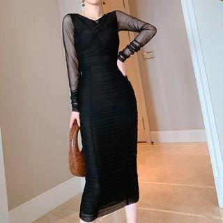 Long-sleeve Mesh Midi Sheath Dress
