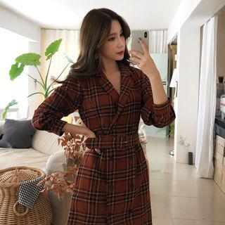 Double-breasted Plaid Coatdress With Belt