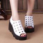 Genuine Leather Perforated Wedge Sandals