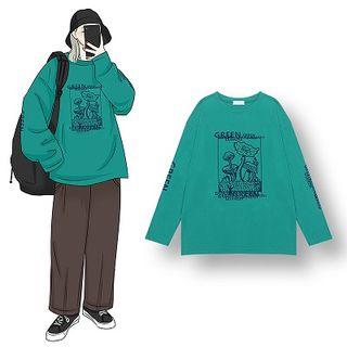 Printed Long-sleeve T-shirt Aqua Green - One Size