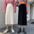 High-waist Split Hem Plain Knit Skirt