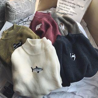 Animal Embroidered Mock-neck Loose-fit Sweater
