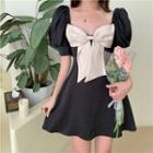 Short-sleeve Square-neck Bow A-line Dress