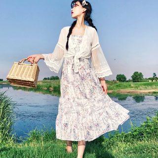 Printed Midi Spaghetti Strap Dress / Lace Trim Open-front Jacket