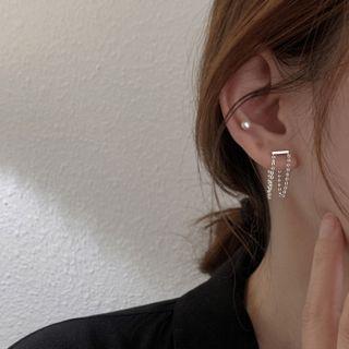 Rod Chained Ear Stud 1 Pair - 925 Silver - Silver - One Size