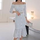 Set: 3/4-sleeve Off-shoulder Lace Cropped Blouse + Midi Mermaid Skirt