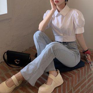 Short-sleeve Plain Blouse Blouse - White - One Size