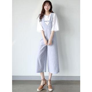 Set: Lettering Oversized T-shirt + Stripe Wide-leg Jumpsuit