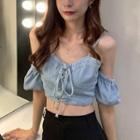 Short-sleeve Cold Shoulder Lace-up Crop Top Denim Blue - One Size