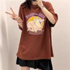 Elbow-sleeve Pig Print T-shirt Wine Red - One Size