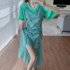 Short-sleeve Plain T-shirt / Spaghetti-strap Plaid Shirred Side-slit Dress