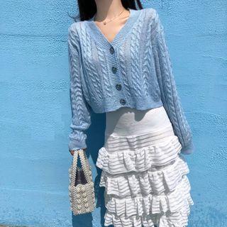 V-neck Cardigan / Tiered Midi Skirt