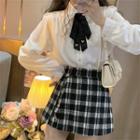 Ribbon Tie-neck Shirt / Plaid Mini A-line Skort