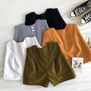 Plain Asymmetric High-waist Faux Leather Shorts