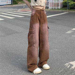 High Waist Gradient Washed Cargo Wide-leg Jeans