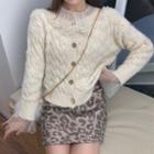 Cable-knit Cardigan / Lace Blouse / Leopard Print Mini A-line Skirt