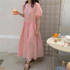 Drawstring Short-sleeve Midi A-line Dress Pink - One Size