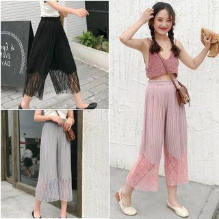 Cropped Lace Panel Chiffon Pants