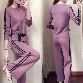 Set: Striped Knit Pullover + Wide Leg Pants