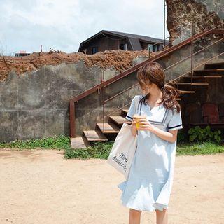 Short-sleeve Ruffle-hem Embroidered Linen Dress