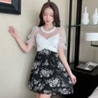Short-sleeve Mesh Panel Floral Mini A-line Dress