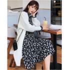 Long Open-front Knit Coat/ Long-sleeve Floral Print A-line Dress
