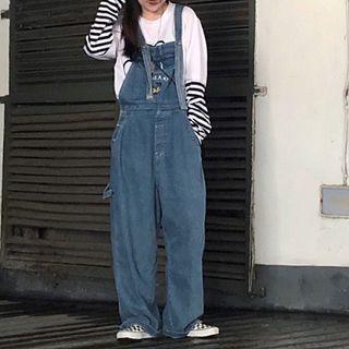 Plain Square-neck Loose-fit Jumper Pants Blue - One Size