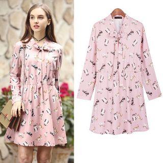 Long Sleeve Floral Print Loose-fit Crewneck Sheath Dress