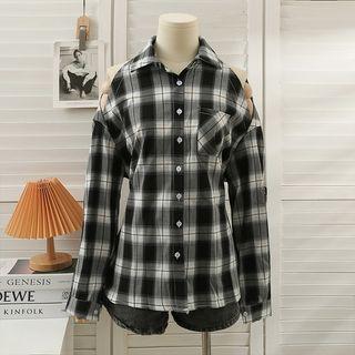 Cutout-shoulder Plaid Long Shirt Black - One Size